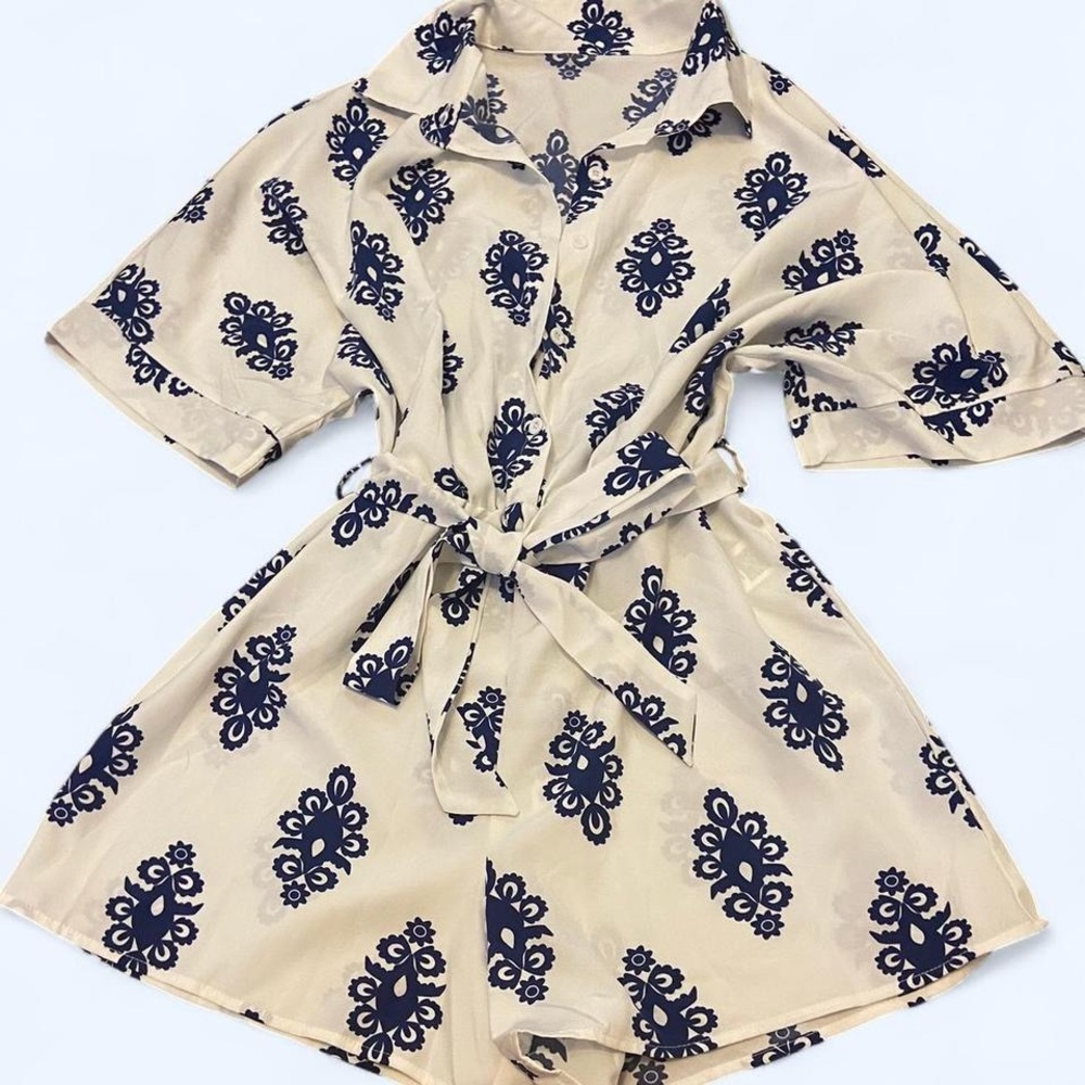 SHEIN White and Blue Patterned Romper